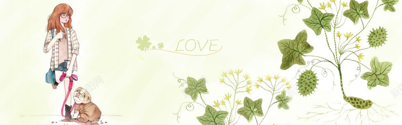 清新涂抹手绘休闲娱乐背景遛狗psd设计背景_88icon https://88icon.com 叶子 女孩 宠物 小清新 幸福 手绘画 文艺 海报banner 简约 绿色 遛狗