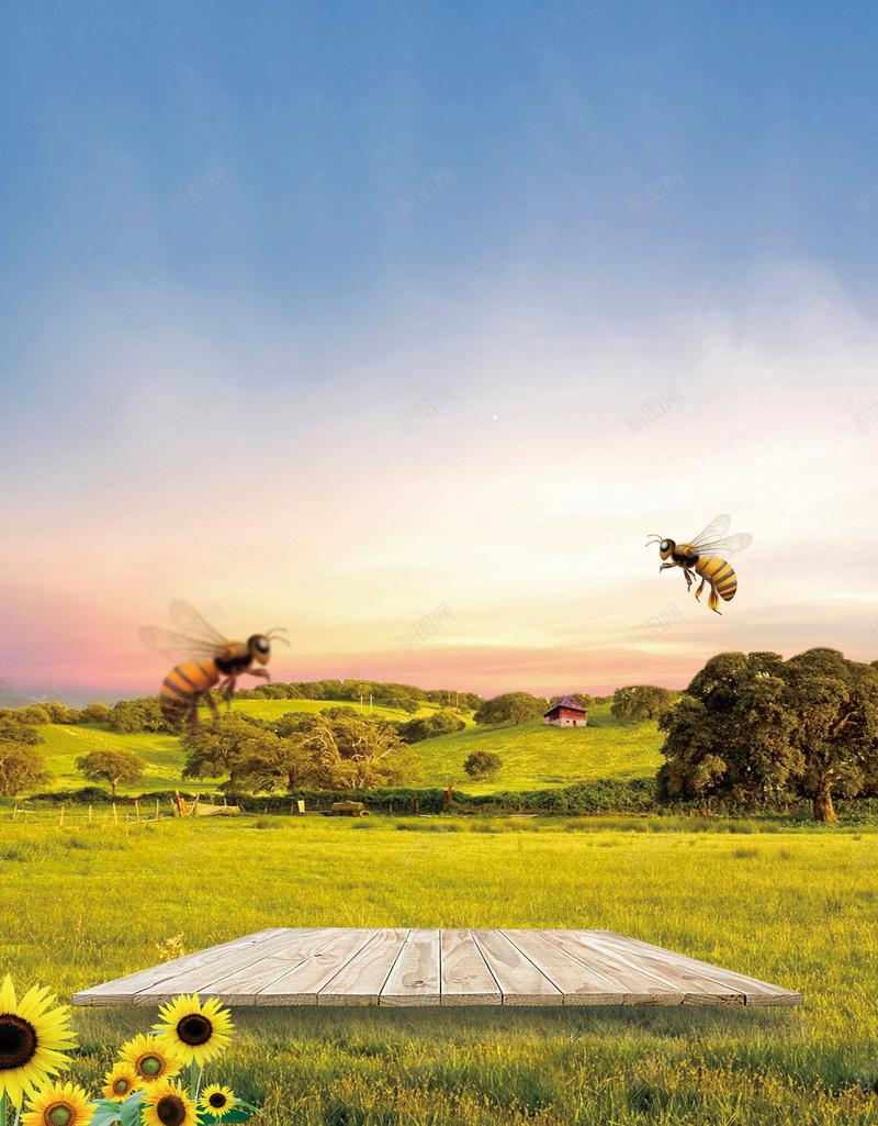 蓝天白云风景草地向日葵蜜蜂背景psd设计背景_88icon https://88icon.com 向日葵 白云 素材 背景 草地 蓝天 蜜蜂 风景
