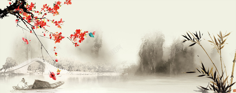 水墨画简约红色地产背景psd设计背景_88icon https://88icon.com 山 桃花 桥 梅花 水 水草 竹子 红色 船