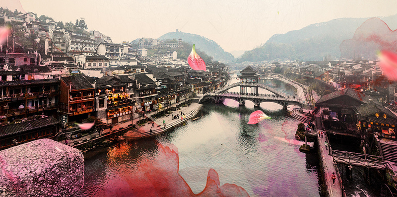 国庆节旅游少数民族地区psd设计背景_88icon https://88icon.com 凤凰 古城 国庆节 少数民族 山水 旅游 梅花 水墨 沱江