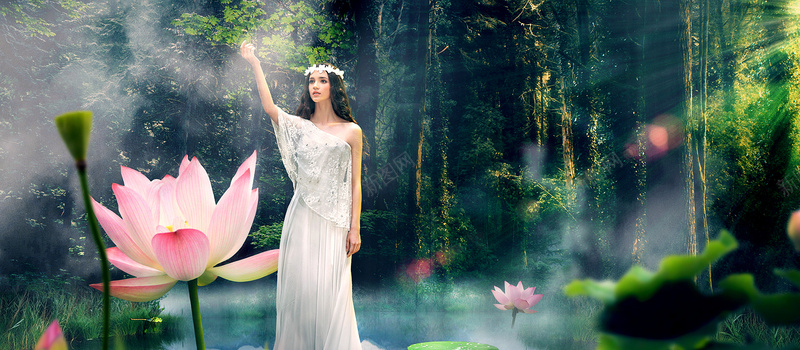 梦幻森林美女bannerjpg设计背景_88icon https://88icon.com banner 山水风景 摄影 梦幻背景 森林 美女 荷叶 荷花 阳光