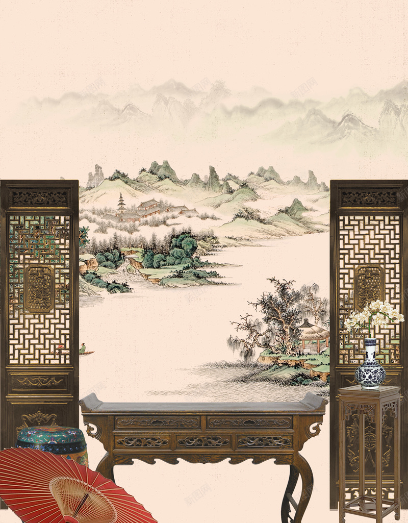 中国分淡粉色木桌海报背景psd设计背景_88icon https://88icon.com 中国背景 中国风 屏风 开心 桌子 椅子 水墨画 粉色海报 粉色背景 红色 雨伞