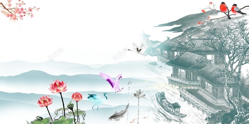 中国风醉江南梦如画psd设计背景_88icon https://88icon.com 150PPI PSD源文件 分层文件 园林景观 平面设计 建筑 旅游 水乡 水墨 江南印象 江南水乡 荷叶 荷花