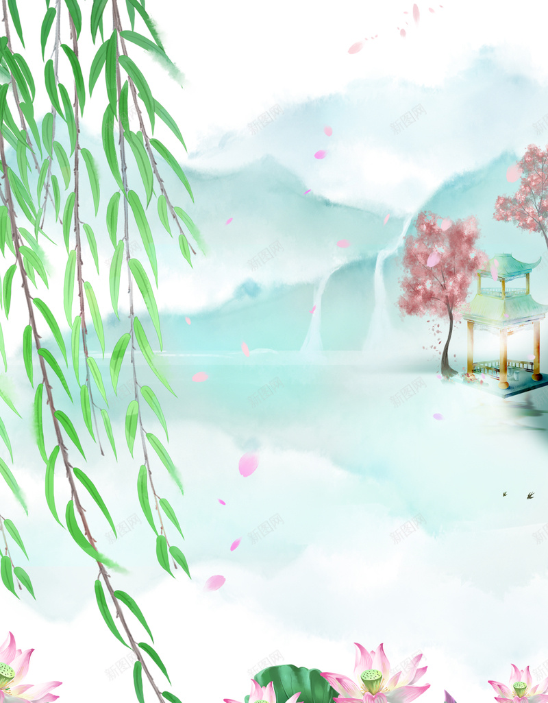 手绘水墨国风晕染背景图psd设计背景_88icon https://88icon.com 中国风 亭台 国潮 国潮背景墙 手绘 柳条 水墨