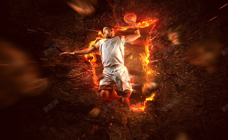 创意篮球广告火焰大灌篮psd设计背景_88icon https://88icon.com 体育运动 健身比赛 创意广告 射灯 扣篮 火焰 球场 球场摄影 篮球