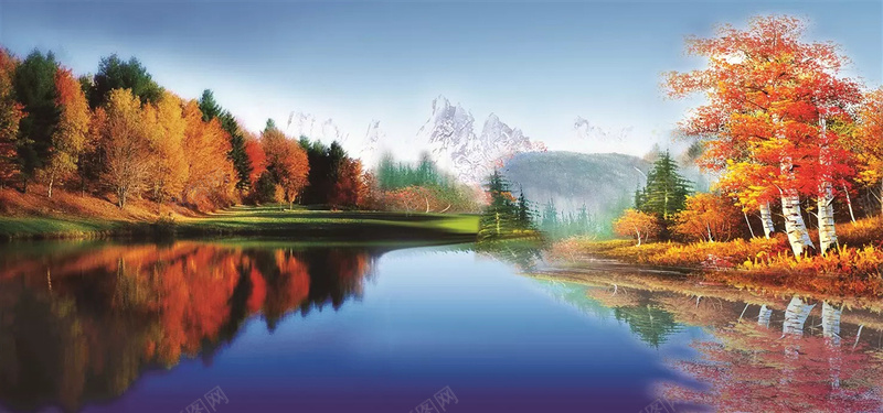 风景油画jpg_88icon https://88icon.com 倒影 摄影 树林 油画 海报banner 湖 秋季 绿树 蓝天 远处的山 金黄的树 风景
