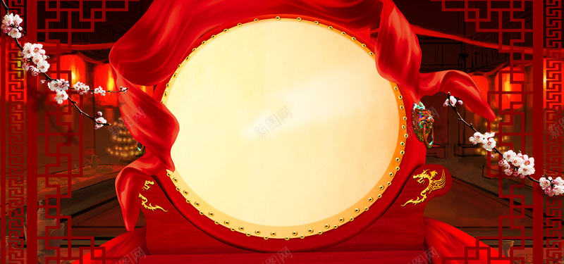 节日中国风红色活动海报背景psd设计背景_88icon https://88icon.com 传统 促销 元旦 元素 喜庆 宣传 梅花 海报 狂欢 素材 红绸带 背景 节日 花纹 边框 门窗 鼓
