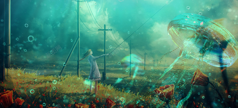 梦幻卡通人物插画bannerjpg设计背景_88icon https://88icon.com 动漫设计 卡通人物 夜景 天空 插画 梦幻币背景 漫画天空 灯光 花卉 酷炫