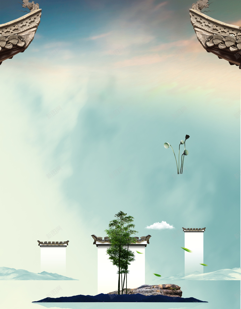 白墙黑瓦徽派园林旅游海报背景psd设计背景_88icon https://88icon.com 中式园林 同里 周庄 安徽文化 安徽旅游 开心 徽派建筑 村落 水岸 江南园林 海报背景 白墙黑瓦