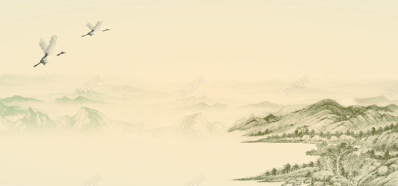 风景中国风平面单色海报背景psd设计背景_88icon https://88icon.com 中国风 云雾 仙鹤 传统 古韵 古风 地产 学术 家居 山川 教育 旅行 河流 纹理 质感 飘渺