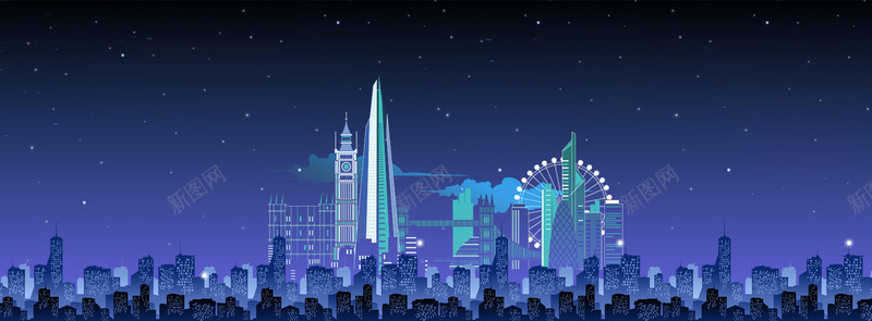 手绘蓝色城市bannerpsd设计背景_88icon https://88icon.com 城市 夜晚 夜生活 房地产海报 手绘 摩天轮 星空 海报 灯光 蓝色 高塔