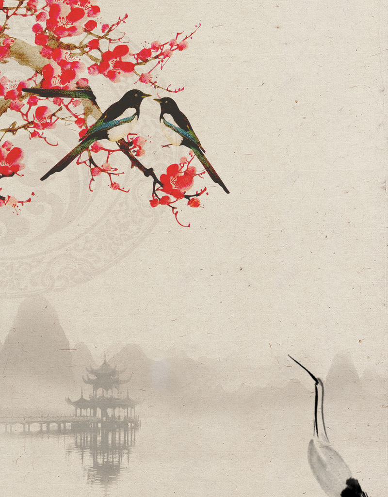 腊八节复古水墨风超市宣传喜庆海报psd设计背景_88icon https://88icon.com 中国风 仙鹤 凉亭 喜庆 喜鹊 复古 山水 年货节 梅花 水墨风 海报背景 腊八节 超市传单 超市宣传