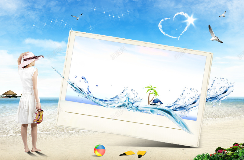 清爽海边沙滩美女图psd设计背景_88icon https://88icon.com 沙滩 海边 清爽 爱心 美女 蓝色 贝壳