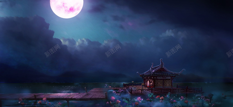月光下的小屋背景装饰jpg设计背景_88icon https://88icon.com 圆月 夜光 小屋 小桥 月光 海报banner 溪流 背景装饰 花