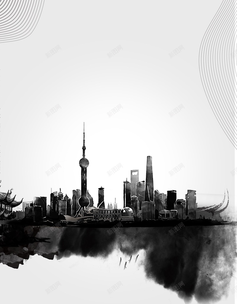 中国风水墨国画上海风光psd设计背景_88icon https://88icon.com 上海 中国风 大气 建筑 水墨 水墨画 风光 黑白