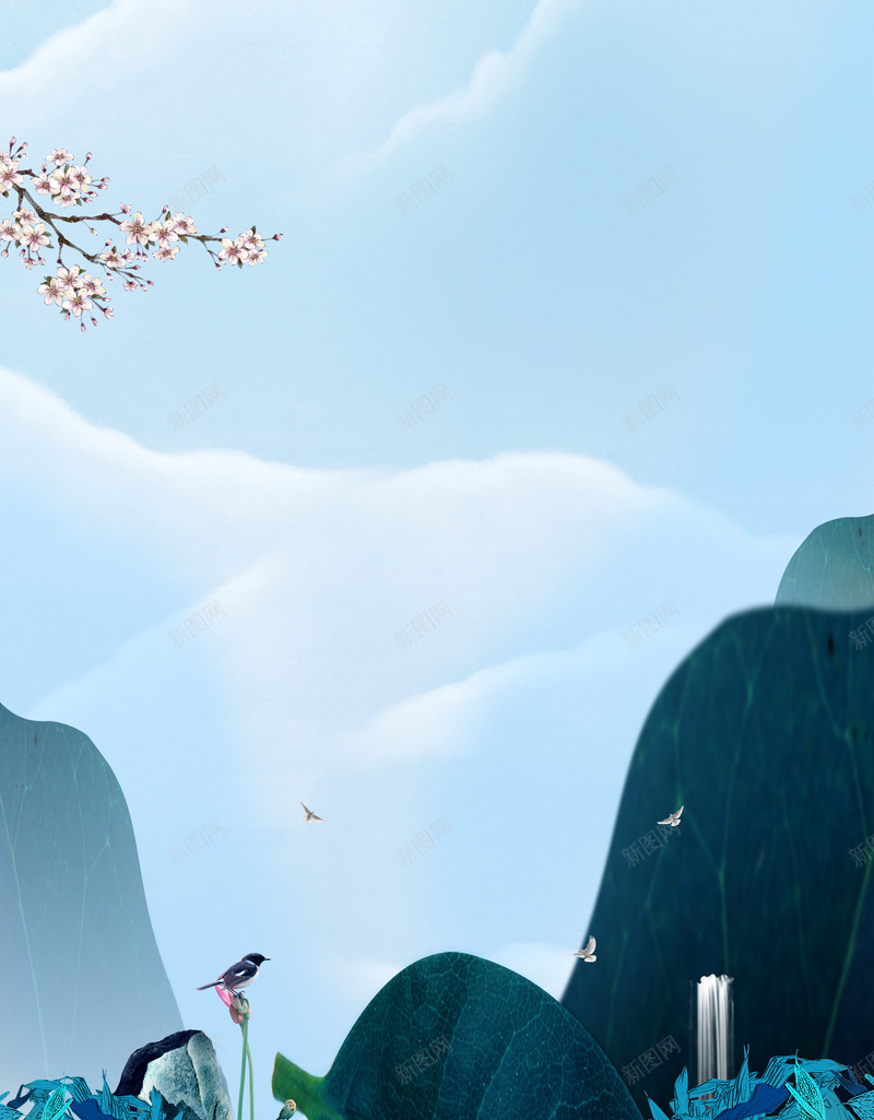 古风山水拼贴画背景psd设计背景_88icon https://88icon.com 中国风 古风 山水 手绘 梅花 蓝天 蓝色