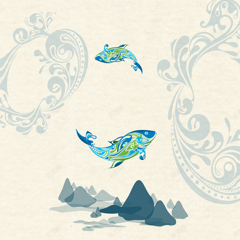 中国风锦鲤山水画复古质感psd设计背景_88icon https://88icon.com 国风 国风山水 复古 复古质感 山水 蓝色锦鲤 质感 锦鲤