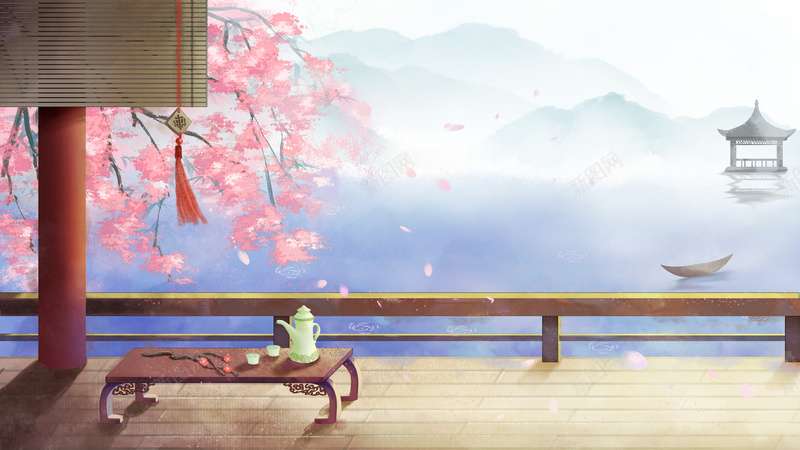 国风水墨远眺山水背景图psd设计背景_88icon https://88icon.com 中国风 小舟 山水 木桌 水墨 漂浮元素 花 花枝
