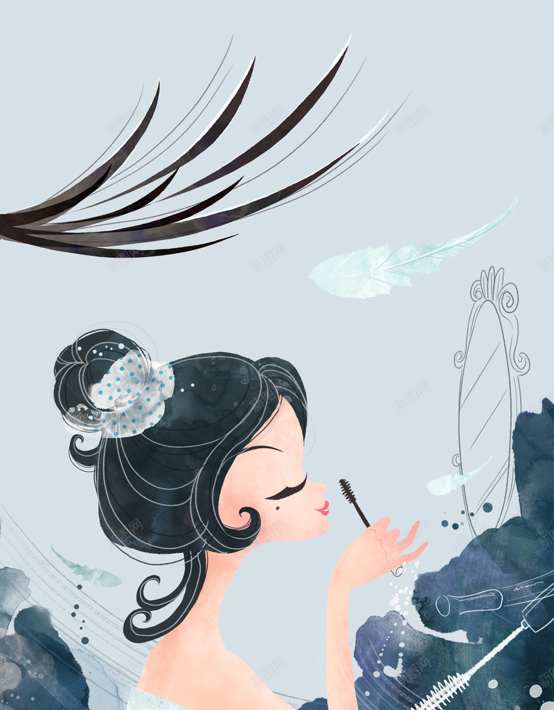 唯美手绘女孩睫毛膏海报背景模板psd设计背景_88icon https://88icon.com 化妆品海报 卡通美女 唯美 手绘女孩 水彩背景 海报背景 海报背景模板 睫毛膏 镜子