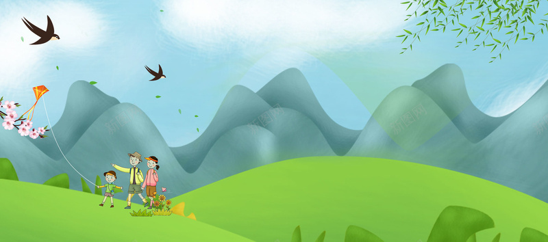 清明节卡通手绘bannerpsd设计背景_88icon https://88icon.com 卡通 原创 手绘 插画 清新 清明时节雨纷纷 清明节 清明节日 清明踏青 简单 踏青