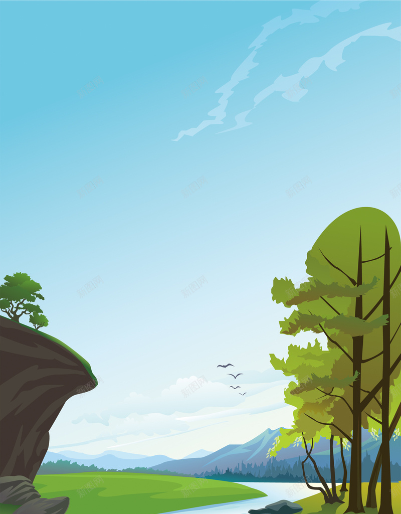 手绘河流大自然动漫情景平面广告jpg设计背景_88icon https://88icon.com 兴趣班 动漫情景 培训班 大自然 山峰 平面广告 手绘 插画 河流 石头 绿树 美术班 蓝天