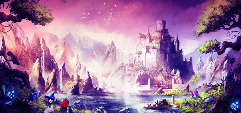 手绘魔幻城堡背景jpg设计背景_88icon https://88icon.com 卡通 城堡 手绘 树林 海报banner 游戏 童趣 魔幻