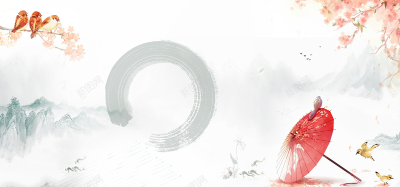 淘宝春季女装古装促销海报背景psd设计背景_88icon https://88icon.com banner 促销 唯美 天猫 女装 小鸟 山水 手绘 文艺 新品 服装 梦幻 水墨风 海报 雨伞