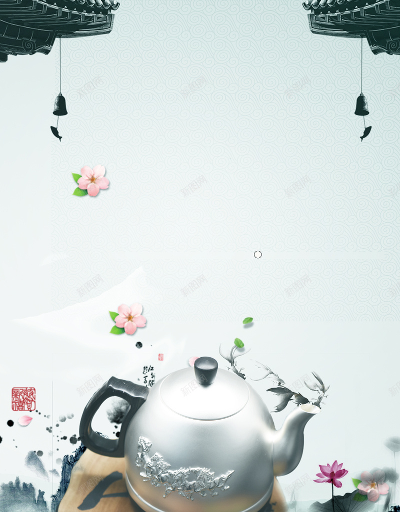 中式淡雅花卉水壶海报背景psd设计背景_88icon https://88icon.com PSD 古风 商业海报 屋檐 海报 淘宝海报 电商 纯手工银壶 茶壶 茶壶海报 银壶 青色