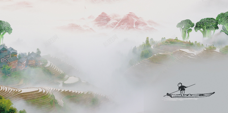 中国风水墨船家稻田背景psd设计背景_88icon https://88icon.com 中国风 教育宣传 水墨 稻田 素材 背景 船家 首页