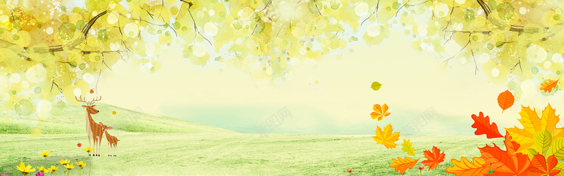 金秋上新绿色清新手绘bannerpsd设计背景_88icon https://88icon.com 上新 小鹿 扁平 手绘 枝条 枫叶 清新 绿色 草原 金秋