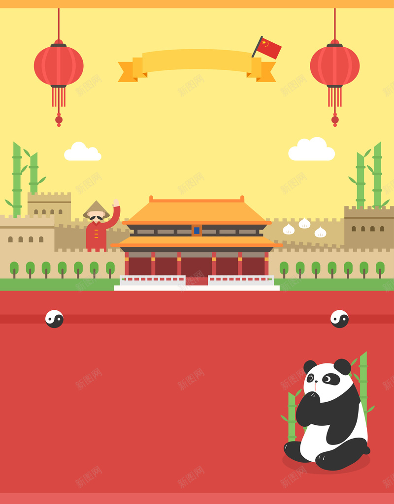 国庆节插画背景矢量图ai设计背景_88icon https://88icon.com 卡通 卡通插画 国庆节 天安门 手绘 熊猫 童趣 红色 矢量图