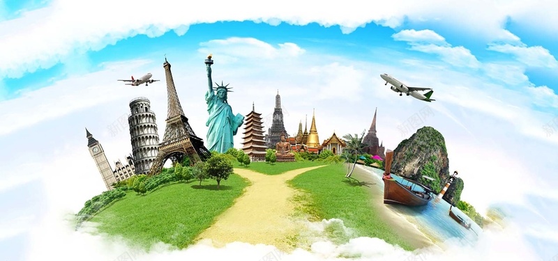 创意地球与名胜古迹建筑jpg_88icon https://88icon.com 世界各地 创意地球 名胜古迹 摄影 海报banner 蓝天 风景 飞机