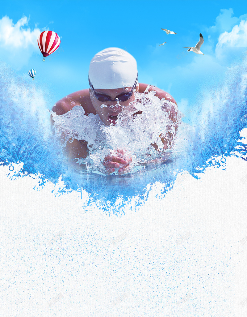 正在游泳冲刺的人psd设计背景_88icon https://88icon.com 冲刺 浪花 海鸥 游泳 激情 激烈 热气球 蓝色