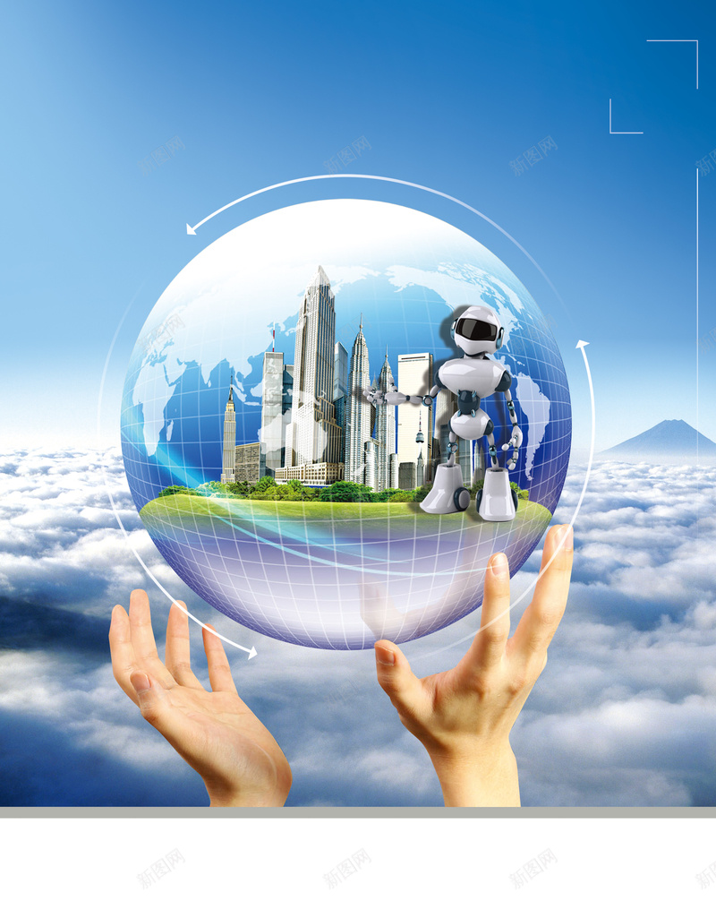 双手托起的球中的建筑物和机器人海报背景psd设计背景_88icon https://88icon.com 双手 圆球 平淡 摄影 机器人 楼房 海报 白云 背景 蓝天