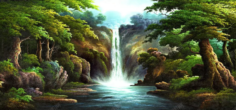 山水油画风景jpg设计背景_88icon https://88icon.com 卡通 山水画 手绘 树林 河流 油画 海报banner 瀑布 童趣 风景画