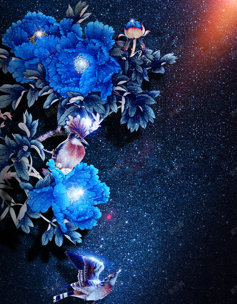 商业广告花鸟牡丹psd设计背景_88icon https://88icon.com 商业插画 地产 广告 星光 牡丹 纹理 蓝色 质感 高级质感 鸟