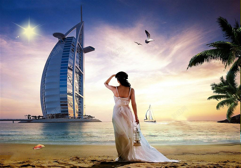 海景沙滩美女地产psd_88icon https://88icon.com 云朵 仰望 仰望视角 优雅人物 夏天海报 奢华建筑 女性背影 摄影 时尚美女 椰树 楼房 沙滩美景 海报 美女 美女背影 风景