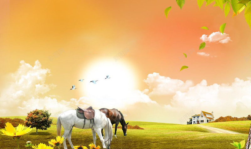 唯美郊外草原马场矢量图psd设计背景_88icon https://88icon.com 别墅 地产海报背景 建筑 牧场 白云 草原 草场 菊花 郊外 马场 骏马 鸟群