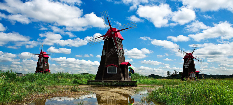 荷兰风车背景jpg_88icon https://88icon.com 摄影 海报banner 荷兰风光 荷兰风车背景 蓝天白云 风景 风车