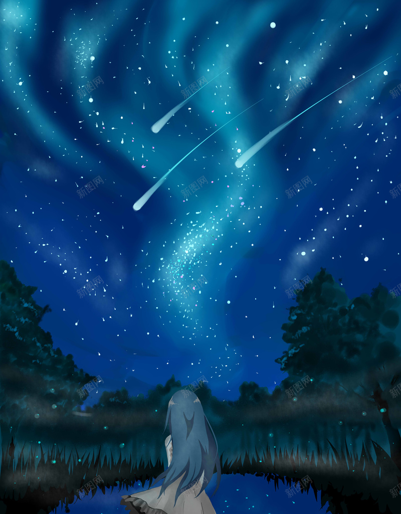 仲夏夜晚手绘插画jpg设计背景_88icon https://88icon.com 初夏 夏天 夜晚 夜色 小女孩 户外 手绘 插画 星空 树 流星