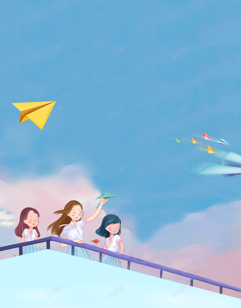 9月开学季宣传海报psd设计背景_88icon https://88icon.com 你好新同学 儿童 开学仪式 开学典礼 楼顶 欢迎新同学 纸飞机 蓝色