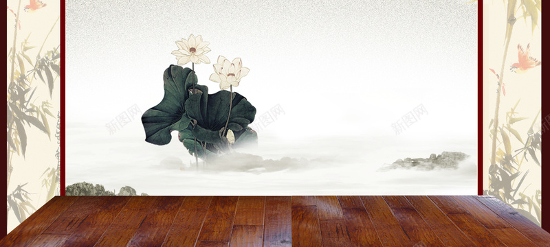 中国风水墨荷花背景psd设计背景_88icon https://88icon.com 中国风 产品 天猫818 宁静 屏风 展示台 展示板 木板 水墨 荷花