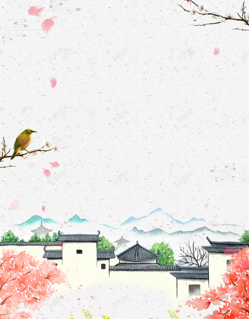水墨花鸟元素背景图psd设计背景_88icon https://88icon.com 云纹 宅院 水墨 油菜花 漂浮元素 花枝 花瓣 花鸟
