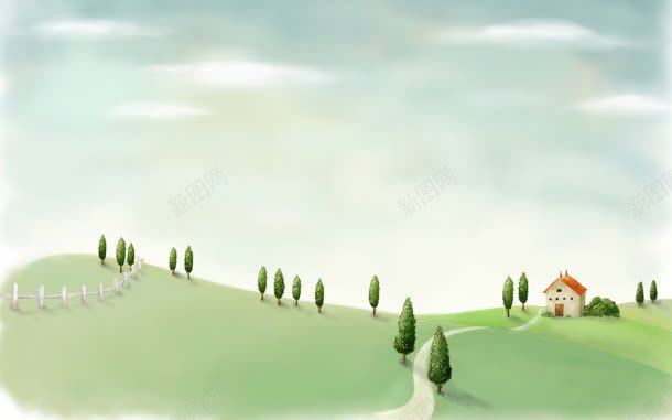手绘蓝天草地房屋jpg设计背景_88icon https://88icon.com 房屋 草地 蓝天