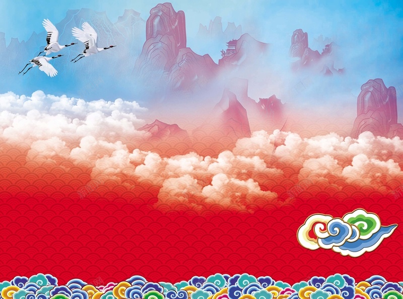 拜年海报psd设计背景_88icon https://88icon.com 中国风 五彩祥云 仙山 仙鹤 白云