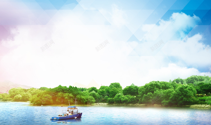 新农村背景psd设计背景_88icon https://88icon.com 新农村主题 森森 湖水 船只 蓝天白云