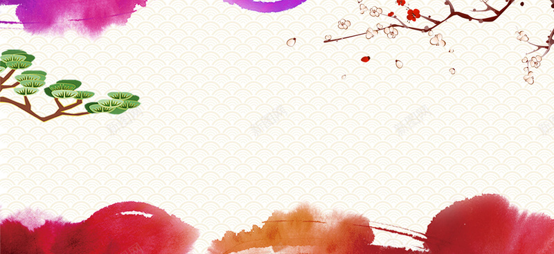 手绘复古中式新春海报banner背景psd设计背景_88icon https://88icon.com banner背景 中国风 中式 古典 复古 开心 手绘 新年 新春 春节 松树 梅花 水墨 海报 纹理