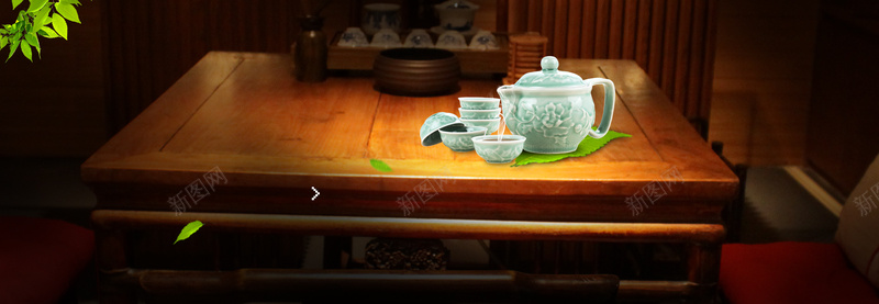 茶具背景psd设计背景_88icon https://88icon.com 文化 树叶 桌子 海报banner 茶 茶具 茶壶 茶文化 茶杯 落叶