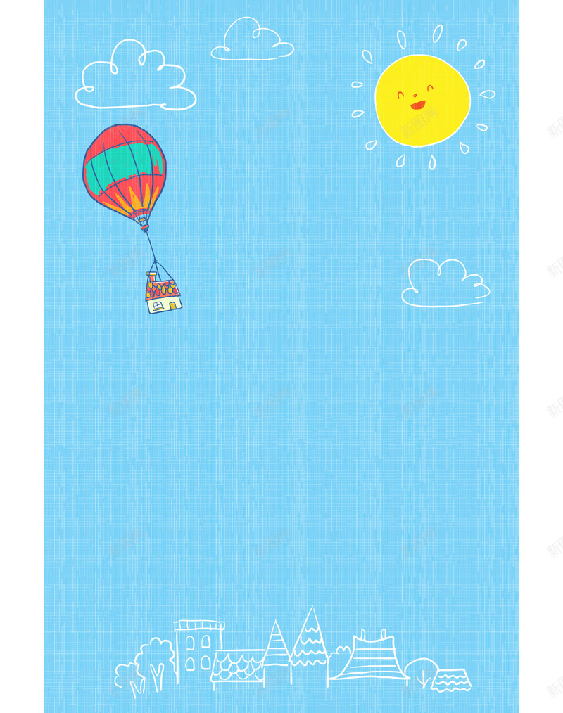 蓝色背景手绘插画平面广告jpg设计背景_88icon https://88icon.com 卡通背景 太阳 平面广告 手绘背景 插画 教育 热气球 线条 蓝色背景