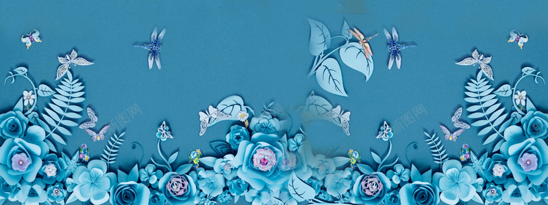 蓝色剪纸花朵psd设计背景_88icon https://88icon.com 几何 剪纸 扁平 海报banner 渐变 花朵 蓝色背景 蝴蝶